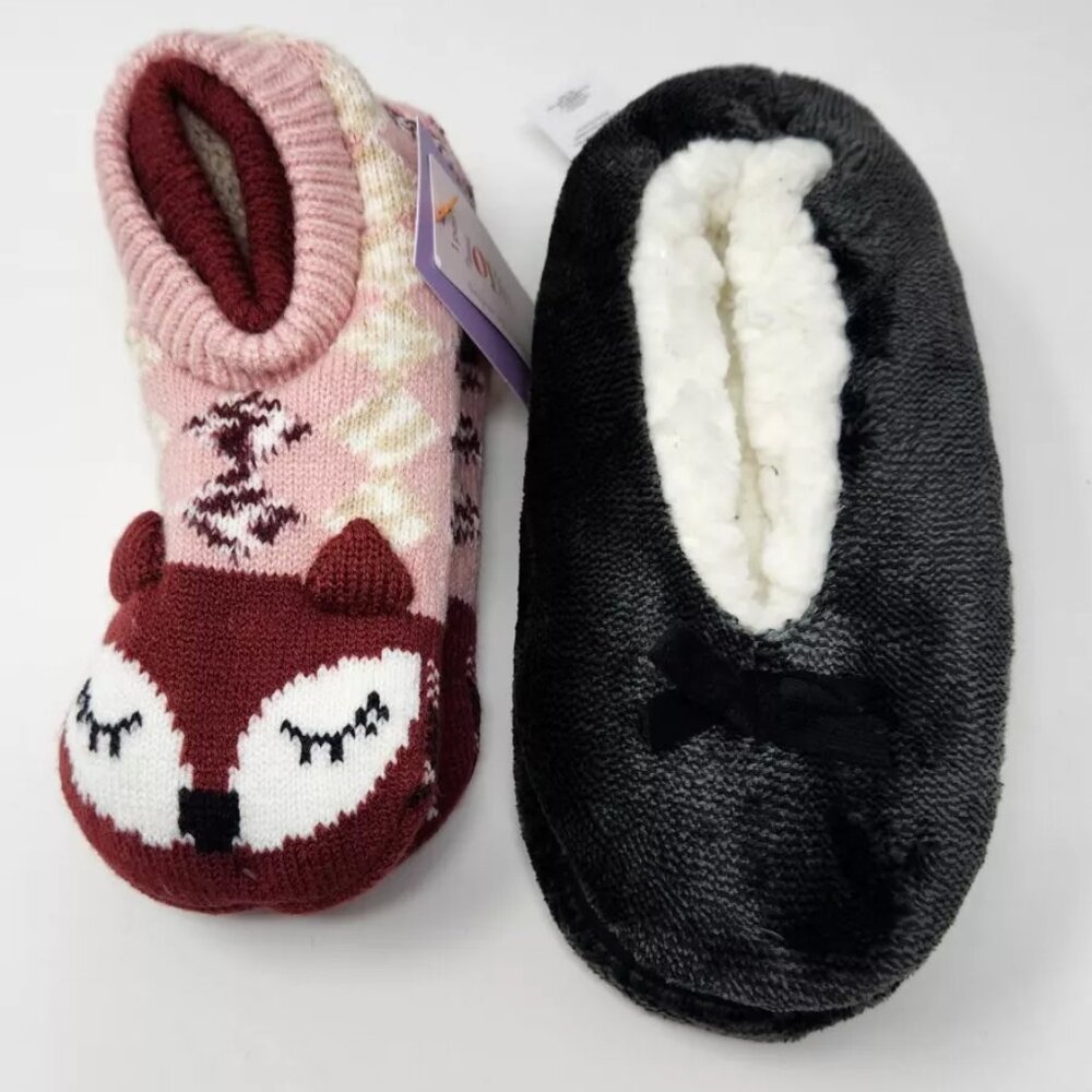 2 pair of slipper socks Joyspun fox and Fuzzy Babba black one size F2